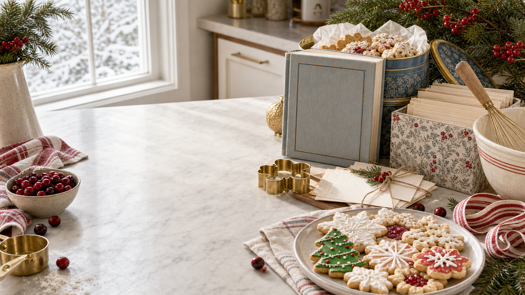 Holiday kitchen counter with cookies, tins, and Christmas preparation notes