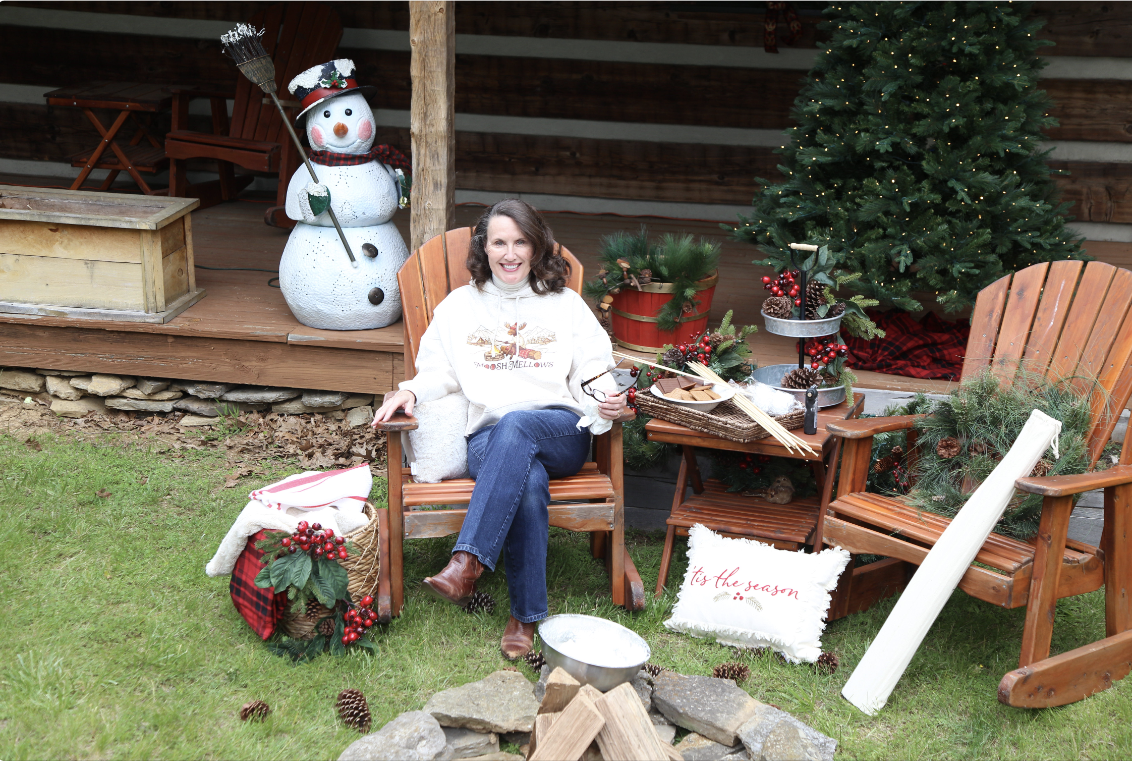 Cindy May wearing Marshmellows apparel at the cabin